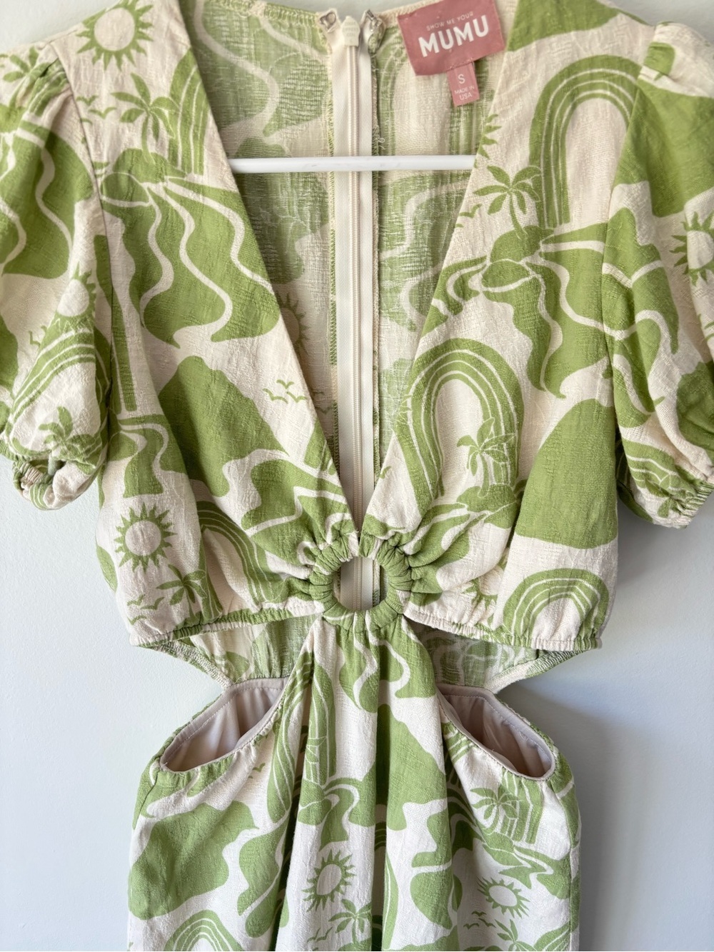 Show Me Your Mumu Jessa Mini Dress Green White Tropical Pattern Linen Blend - Picture 4 of 9